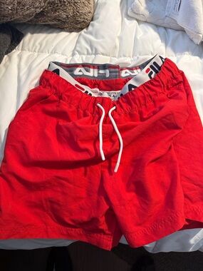 FILA Red Men's Athletic Drawstring Shorts with White Waistband
